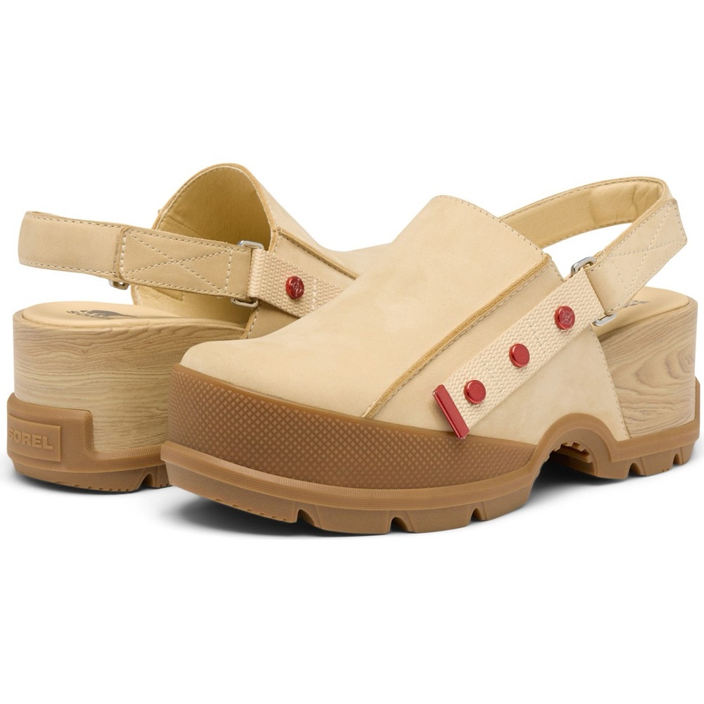 NWOT Sorel Roam’n RBR Platform Clogs, Slingback Mule, Tan with Red Buttons - Picture 3 of 11